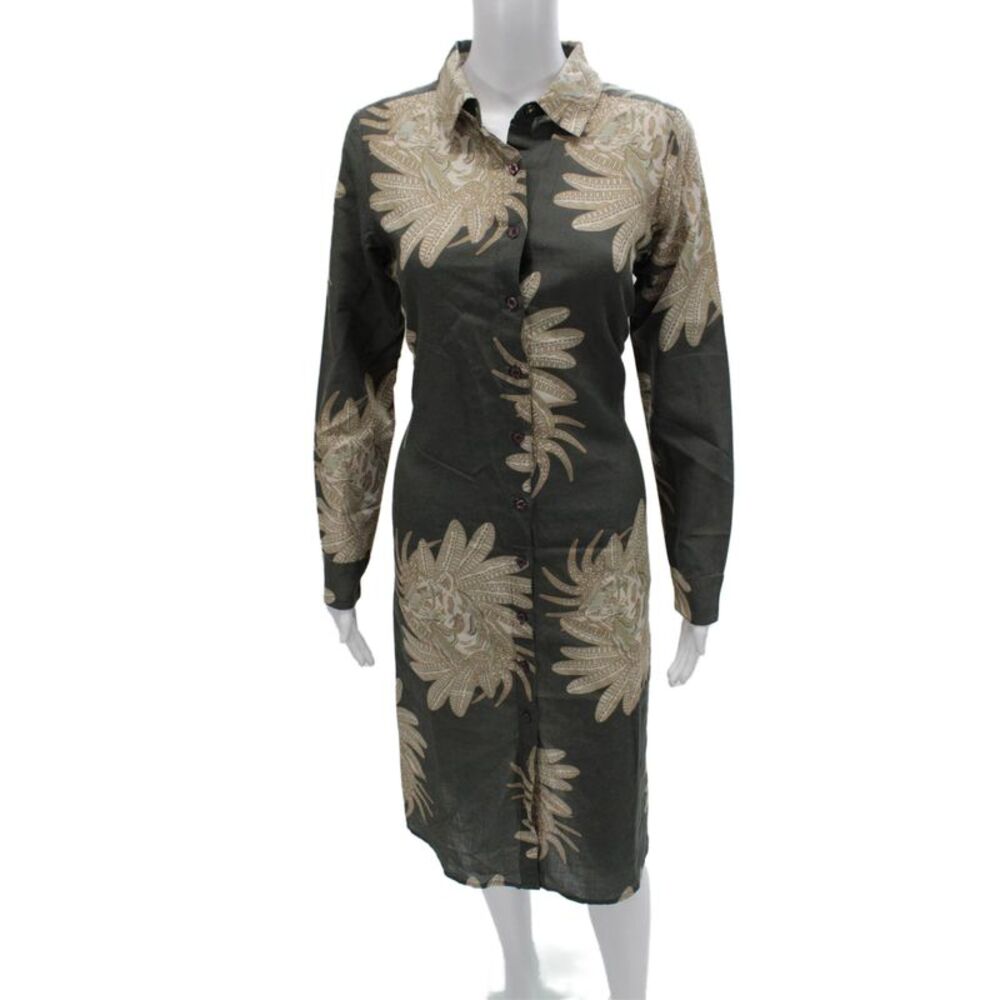 Las Surenas Women Shirt Dress Green Floral Collared Long Sleeve Cotton Size XS